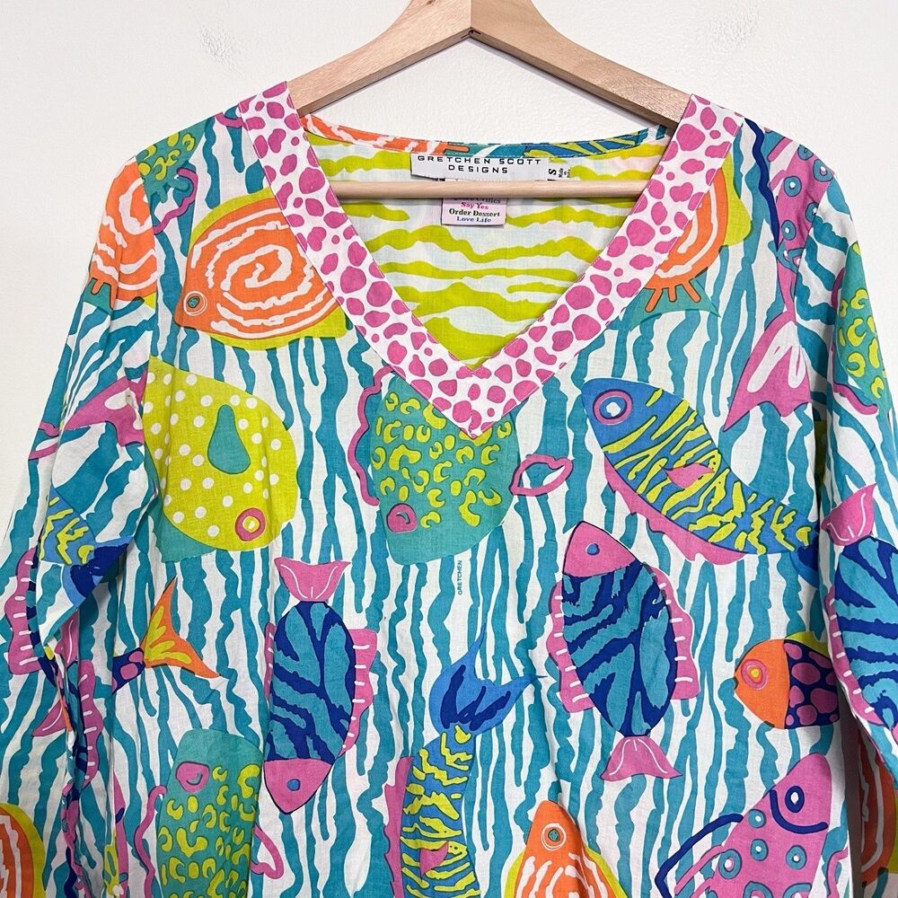 Gretchen Scott Designs Women’s Small Tropical Fish Print Cotton Tunic Top - Picture 3 of 10